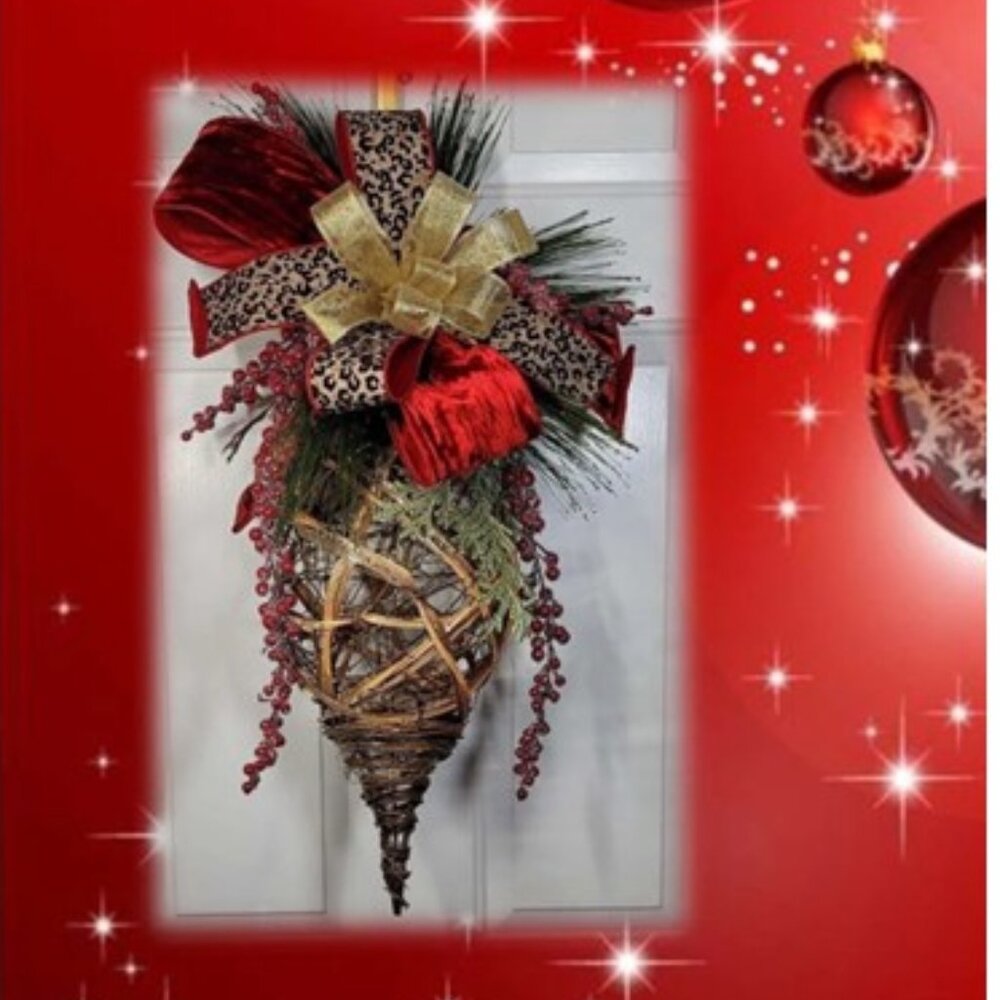 Jumbo Christmas Ornament Hanging Rattan Ornament Drop w Glam Bow, Winter Wreath